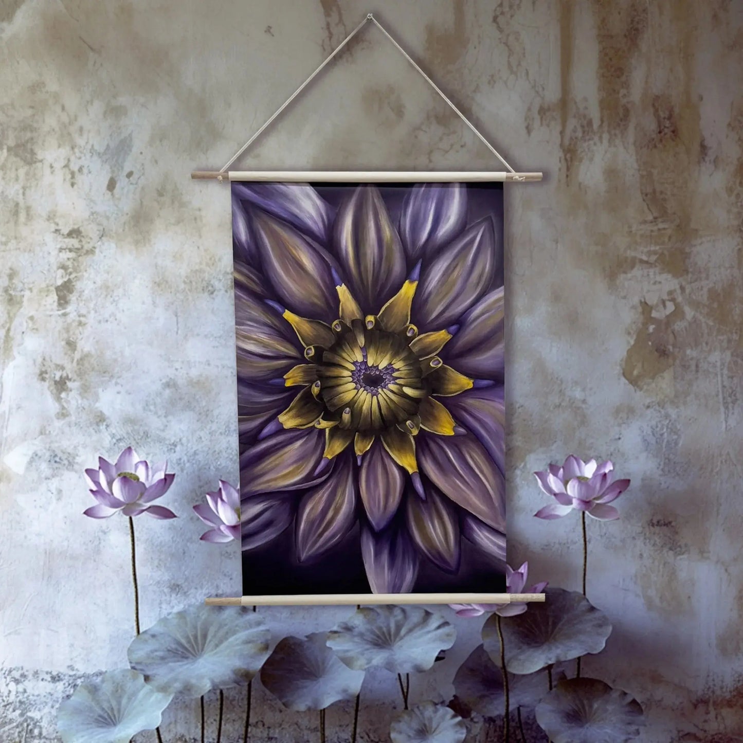 Heart of Serendipity Scroll Edition showing a meditative lotus flower artwork in scroll format by Artlyheart